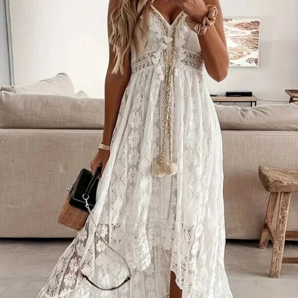 Pom Pom Tassel White Lace Maxi Dress - Picture 1 of 3